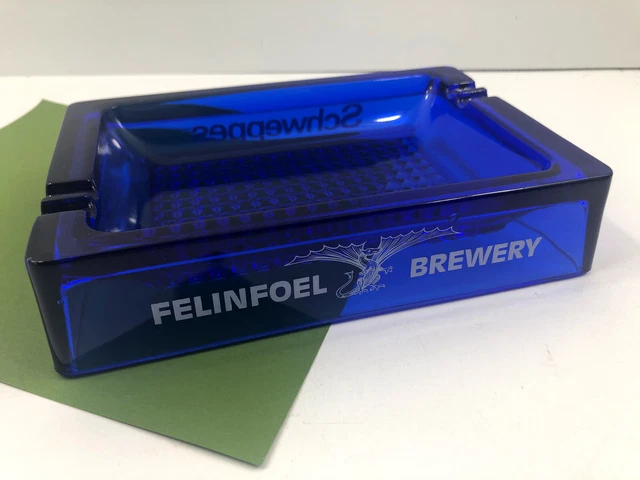 Felinfoel Brewery Cobalt Blue Large Glass Ashtray DRAGON Schweppes Beer Vintage