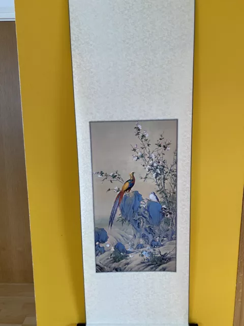 vintage chinese watercolor flower&bird wall hanging scroll painting