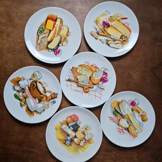 Lot De 5 Assiettes à Fromage Vintage L'Atelier De La Cigogne, Porcelaine Francie, Made In France