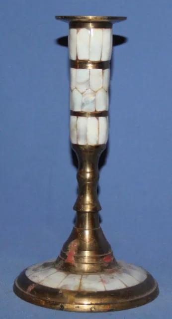 Vintage Hand Made Brass Mother Of Pearl Candlestick