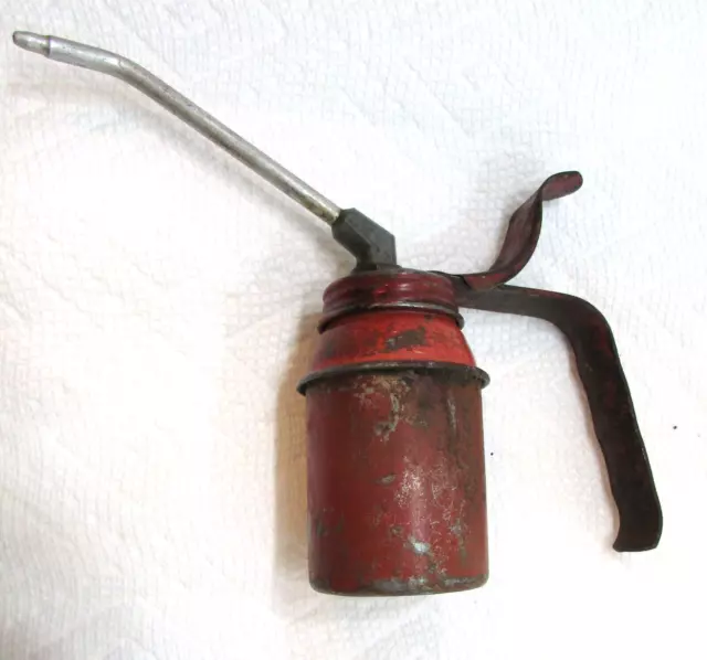 Primitive Old 1960's Red Thumb Pump Shop Small Oil Can Vintage Farm Round Oiler