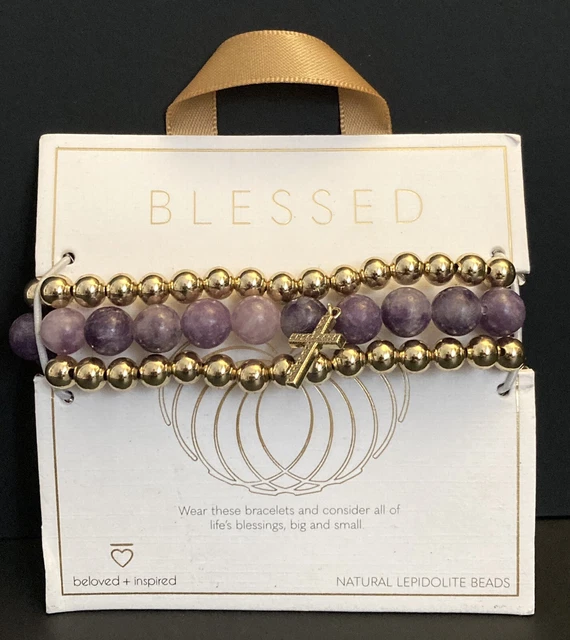 Blessed Natural Lepidolite Beaded Stetch Bracelet Multi Strand Cross Pendant NEW