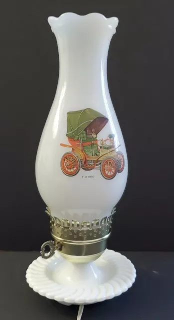 Vtg.Electric Oil Lamp Shapped Table Lamp With Milk Glass Hurricane Shade & Base