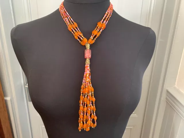 Wonderful French 1950s Creator Necklace. Bayadere with Pink & Orange Glass Beads