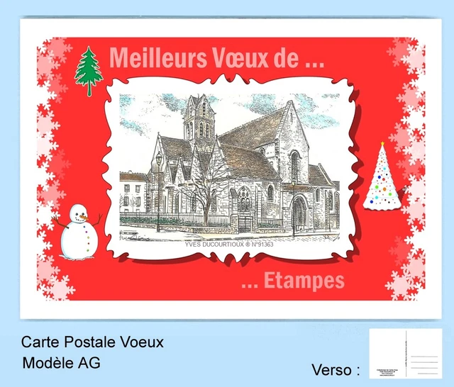 Cp Ag 91363 Carte Postale Voeux Fond Rouge 91 Etampes