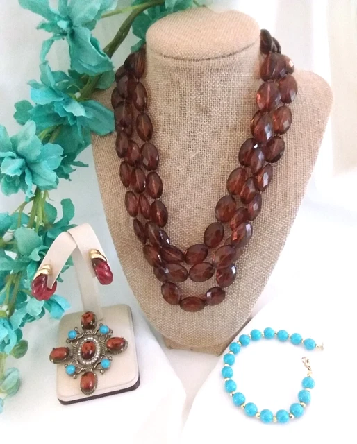 Vintage Lot of Topaz & Aqua Colored Jewelry  w/Rare Trifari Shimp Clip Earrings