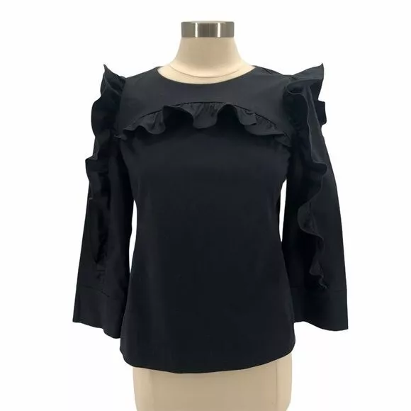 Rebecca Taylor Long Sleeve Back Button Cotton Ruffle Blouse Top Black 6