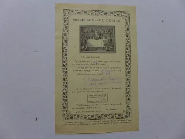 société LE VIEUX PAPIER 17 décembre 1907 invitation à diner  CAFE DES VARIETES