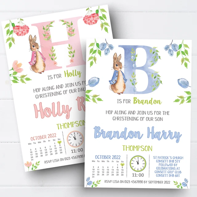 PERSONALISED PETER RABBIT Christening Baptism Invitations Naming Day