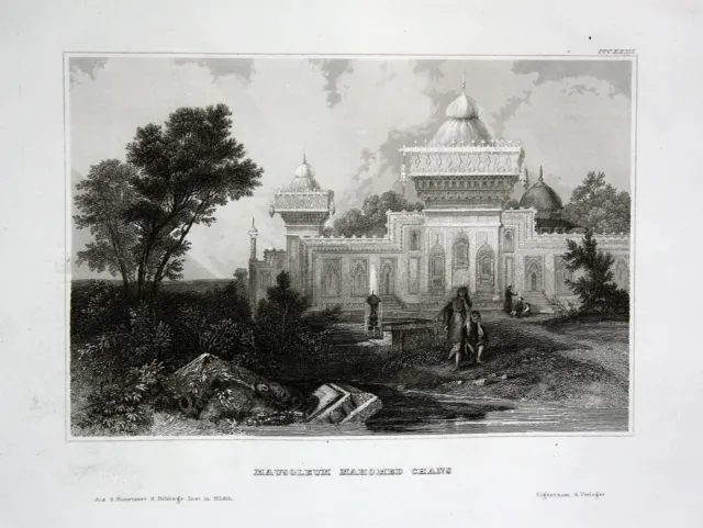 Mausoleum Mahomed Chan India Indien Ansicht view Stahlstich ca. 1840