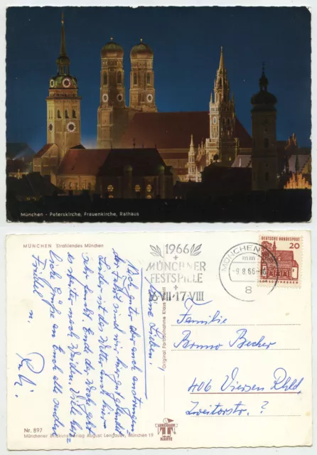 47152 - München - Peterskirche, Frauenkirche, Rathaus - AK, gelaufen 9.8.1966