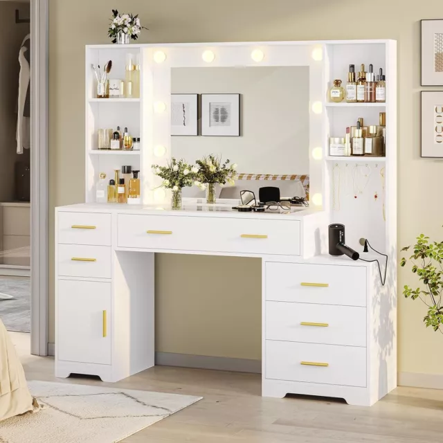 Large Vanity Desk with Lighted Mirror & Power Outlet, White Makeup Vanity Table