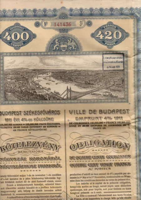 Obligation Emprunt Ville de Budapest, de 1911, 4%, avec coupons