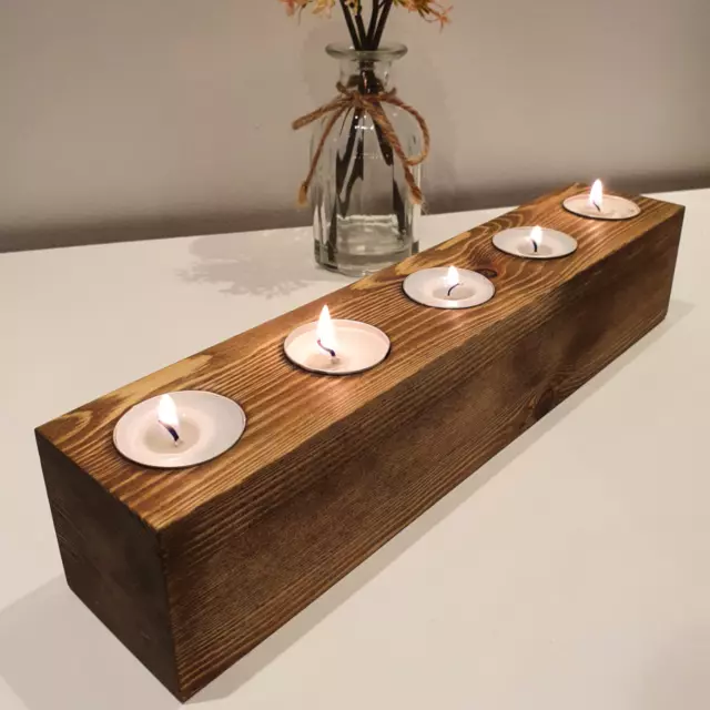 Rustic Wooden Chunky Tea Light Candle Holder Redwood Handmade Dark Oak Gift