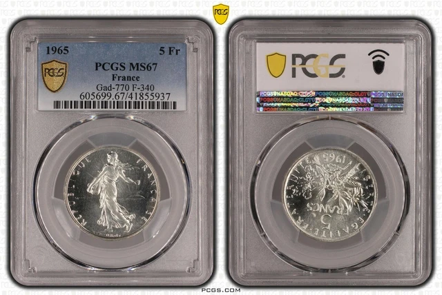 Magnifique monnaie 5 Francs Semeuse argent 1965 FDC++ PCGS MS67 Top brillant