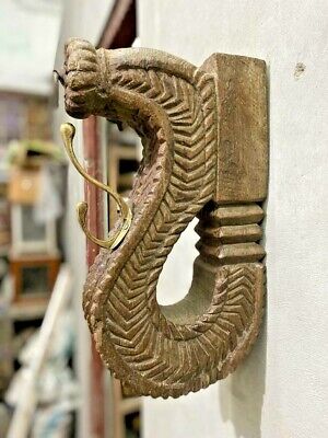 Old Vintage Elephant Trunk Shape Handmade Wooden Wall Brass Hook & Hanger