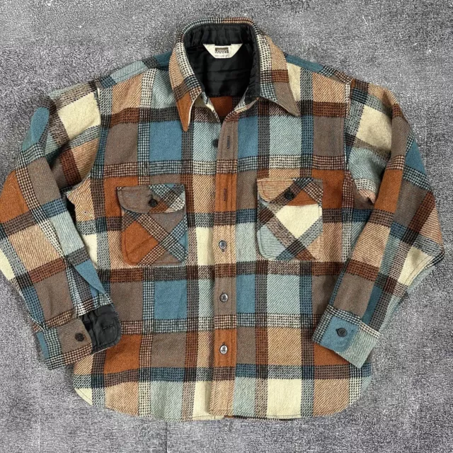 Men's Vintage 70's Montgomery Ward Brown Blue Plaid Flannel Heavy Shirt Jacket L