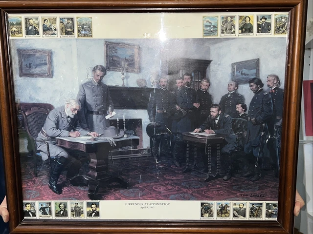 Framed Print of Surrender at Appomattox by Tom Lovell with Rare Stamps