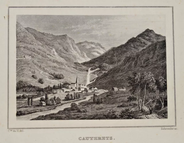 VUE VILLAGE CAUTERETS Pyrenees GRAVURE Schroeder 1838