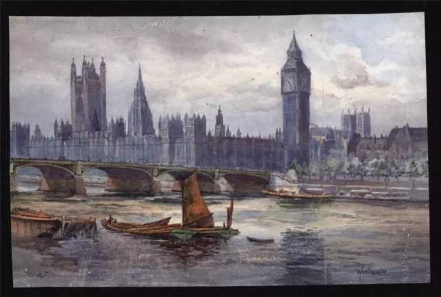 Westminster London - Thames - Watercolour Painting Late 19th Early 20th Century 2