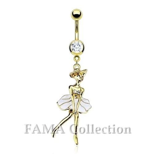 FAMA 14kt Gold Plated Surgical Steel Dressy Lady CZ Dangle Navel Belly Ring