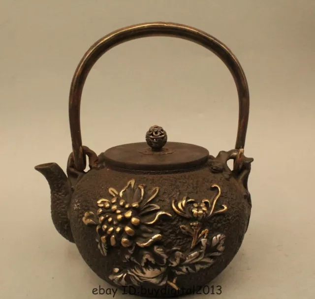 9" Archaic Japan Japanese Iron Beautiful wild geese Kettle Wine Tea Pot Flagon