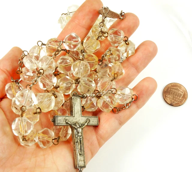 Large Vintage Rosary Clear Glass Beads Relic Crucifix Annunciation Resurrection