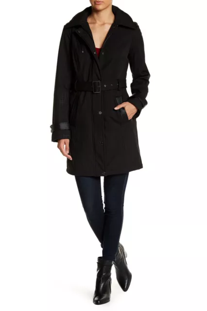 Nwt Michael Kors $275 Black Faux Leather Trim Belted Wool Blend Coat Sz M Medium