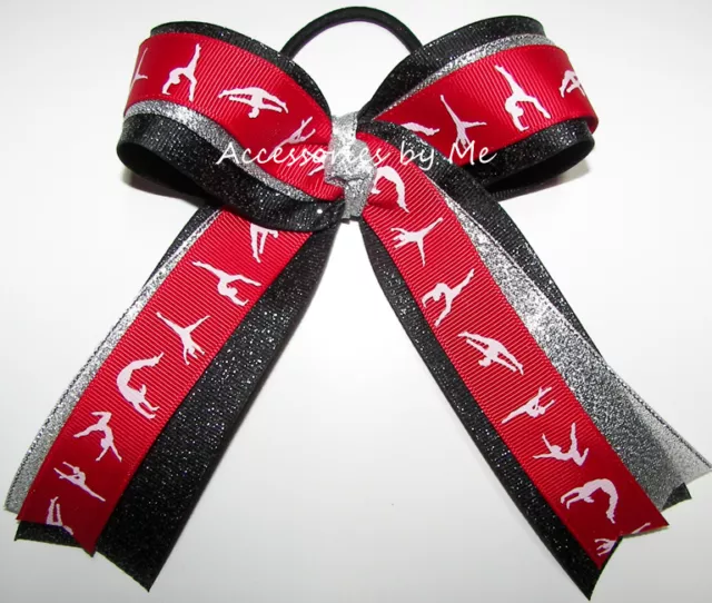 Gymnastics Bow Red Hair Ponytail Elastic Girls Black Silver Glitz Gymnast Ribbon 3