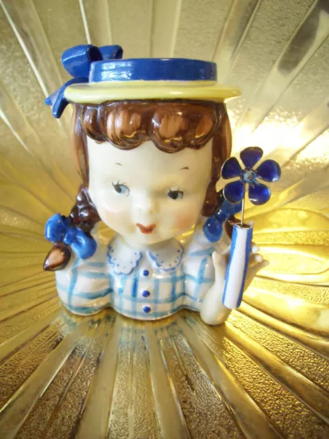Vintage Napco Japan Blue Girl Holds Flower No Parasol Umbrella Planter Figurine