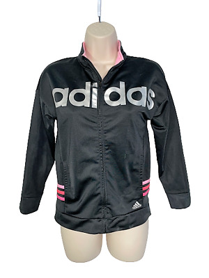 Girls M 10/12 ADIDAS Black Pink Silver Athletic LOGO Track Running Light Jacket!