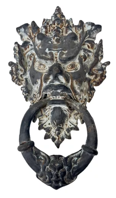 Huge Heavy Antique Figural Cast Iron North Wind Horned Door Knocker