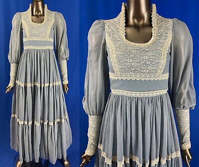 Vintage Gunne Sax by Jessica Blue & White Lace Cottage Prairie Granny Maxi Dress