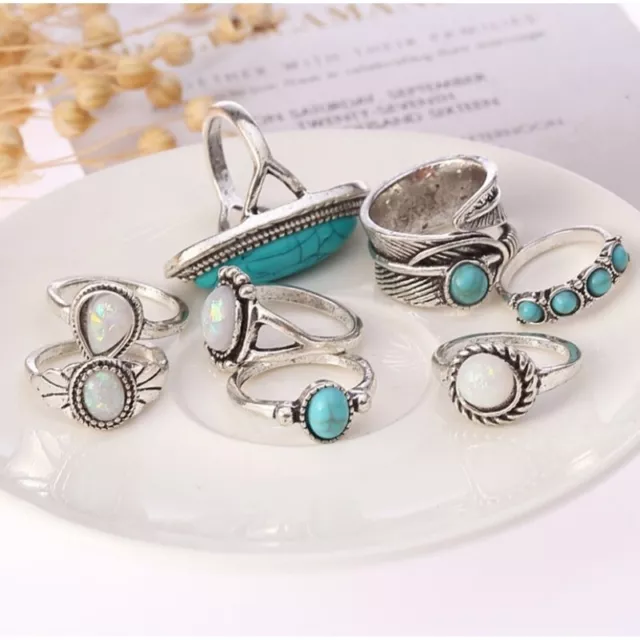 Vintage Blue Stone Turquoise Rings Ethnic Styles Finger Set Jewelry