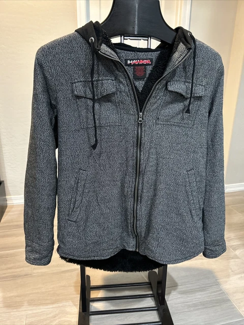 Tony Hawk Full Zip Hoodie Sherpa Lined Jacket Pockets Grey Black Size Large