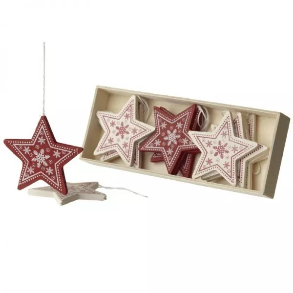 Box of 12 Traditional Nordic Style Red/Cream Wooden Christmas Tree Decorations