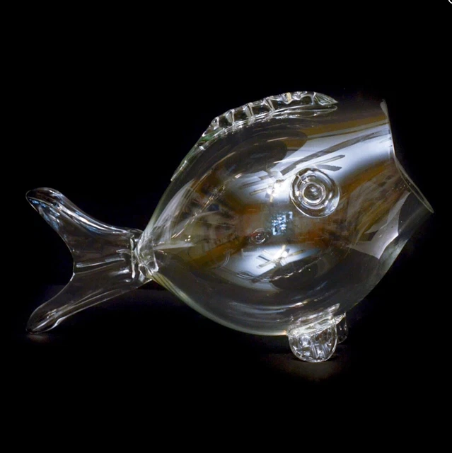 BLOWN ART GLASS Open Mouth Fish Vase Bowl Terrarium Clear Glass Vintage