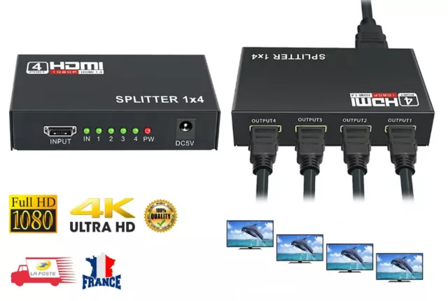 1x4 Splitter HDMI,Ozvavzk Répartiteur HDMI 3D 1 Entrée 4 Sorties