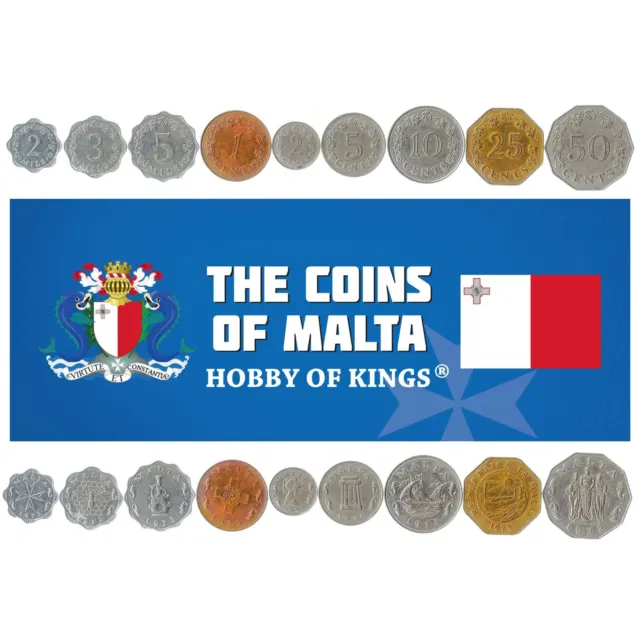 Maltese 9 Coin Set 2 3 5 Mils 1 2 5 10 25 50 Cents | Malta | 1972 - 1982