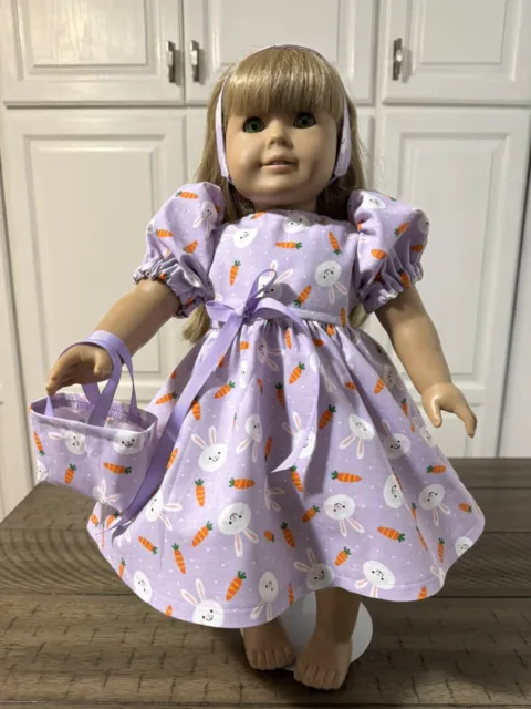 18" Doll Clothes 3pc Set Dress Tote Bag & Headband St. Easter Bunnies & Carrots