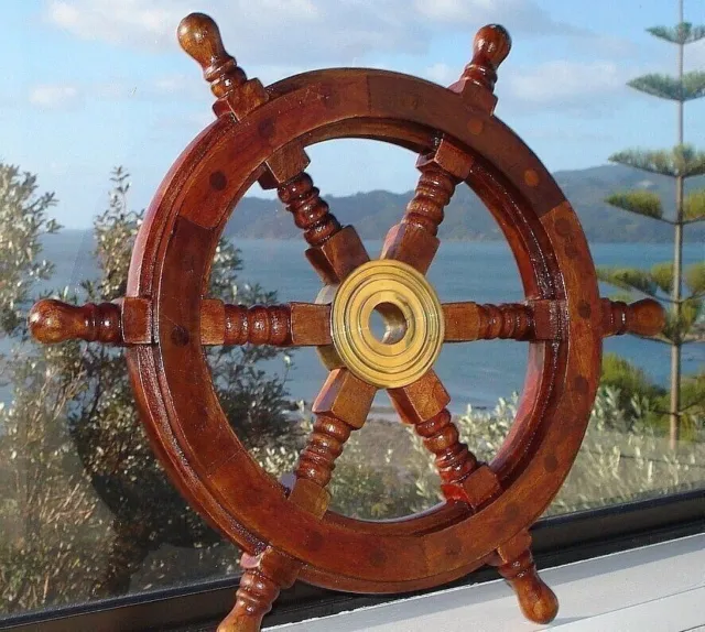 Durable Wooden Brass Ship Wheel For Nautical Pirate Themed Brown Decor Home