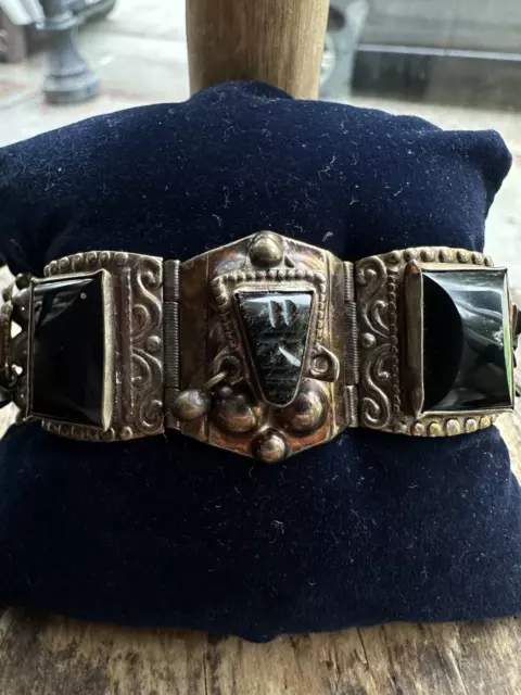 Vintage Mexico Aztèque Guerrier Argent Alpaga Sculpté Obsidian Panneau Bracelet 2