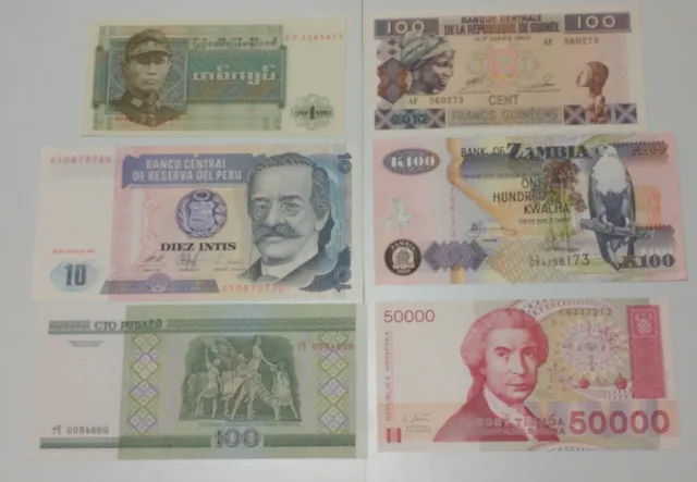 Lot "BKN103" 6 Uncirculated BANKNOTES: Zambia/Guinee/Peru/Burma/Croatia/Belarus