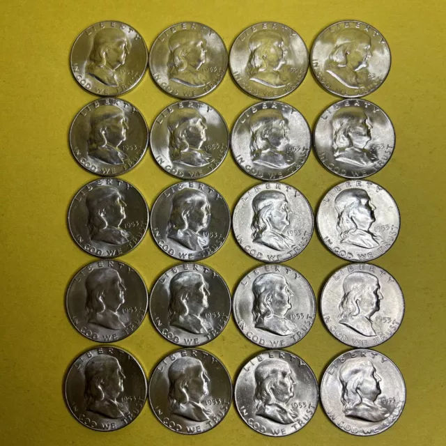1953-S Franklin Half Dollar 20-Coin Roll BU Beautiful Roll Of Coins!!