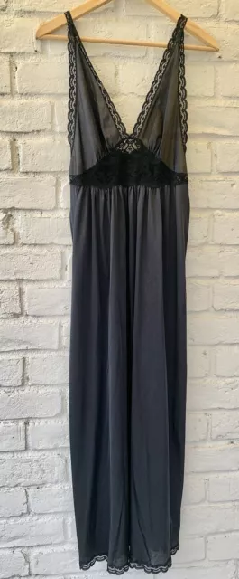 VTG SEARS NYLON Nightgown Black Lace USA retro Long Silky Smooth Size ...