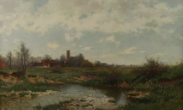 Philipp ludwig Herrmann 1841-1894 Pintura Al Óleo Antik Pueblo Paisaje Bach Moor
