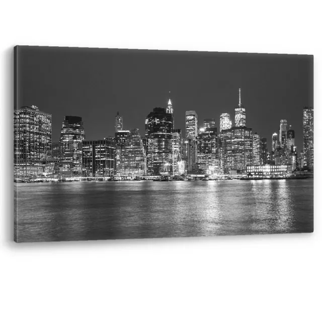 Manhattan Skyline New York at Night Framed Canvas Wall Art Picture Print