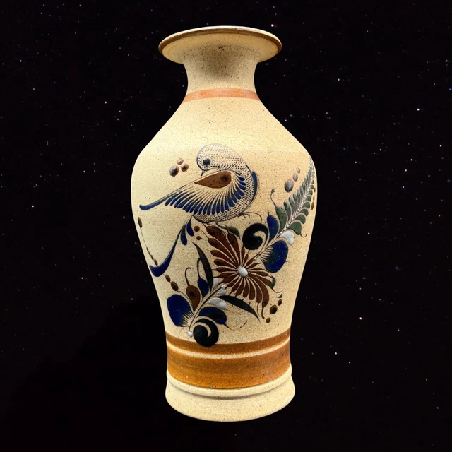 Vintage Tonala Gardiel Mexican Pottery Vase Bird Butterfly Floral Boho Folk Art