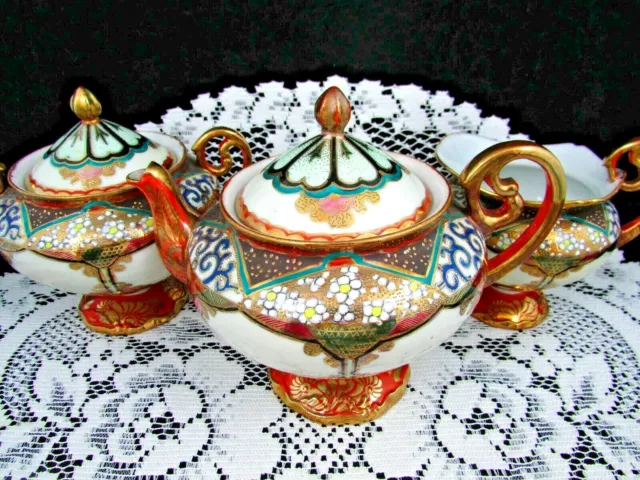 Nippon Hand Painted Beaded Floral Fancy Gold Gilt Teapot Creamer Sugar Set