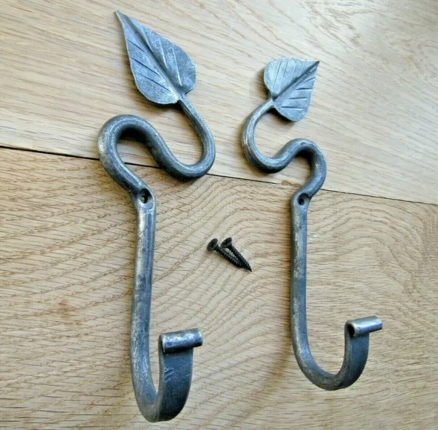 Pair of LEAF HOOK hand forged blacksmith rustic iron hanging hook peg hanger